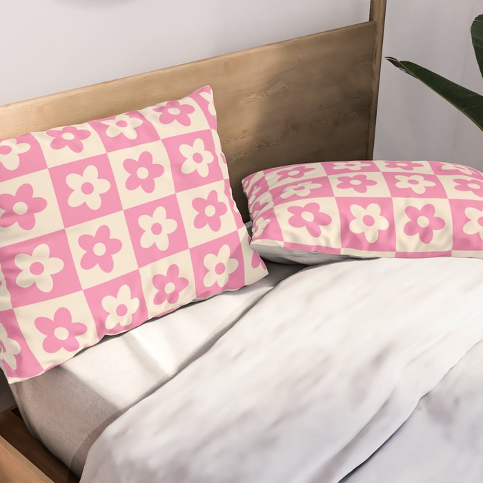 90s checkers flowers cream and pink Pillow Sham Gallery Image 2