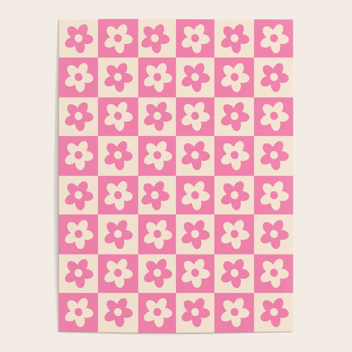 90s checkers flowers cream and pink Poster Gallery Image 1