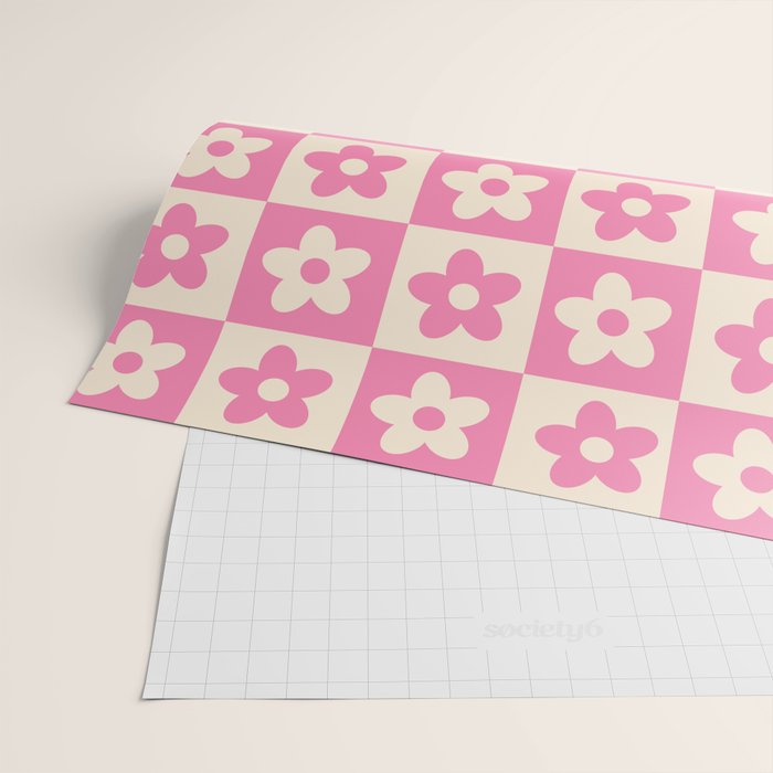 90s checkers flowers cream and pink Wrapping Paper Gallery Image 2