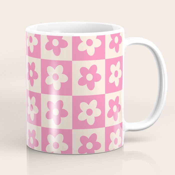 90s checkers flowers cream and pink Coffee Mug Gallery Image 1