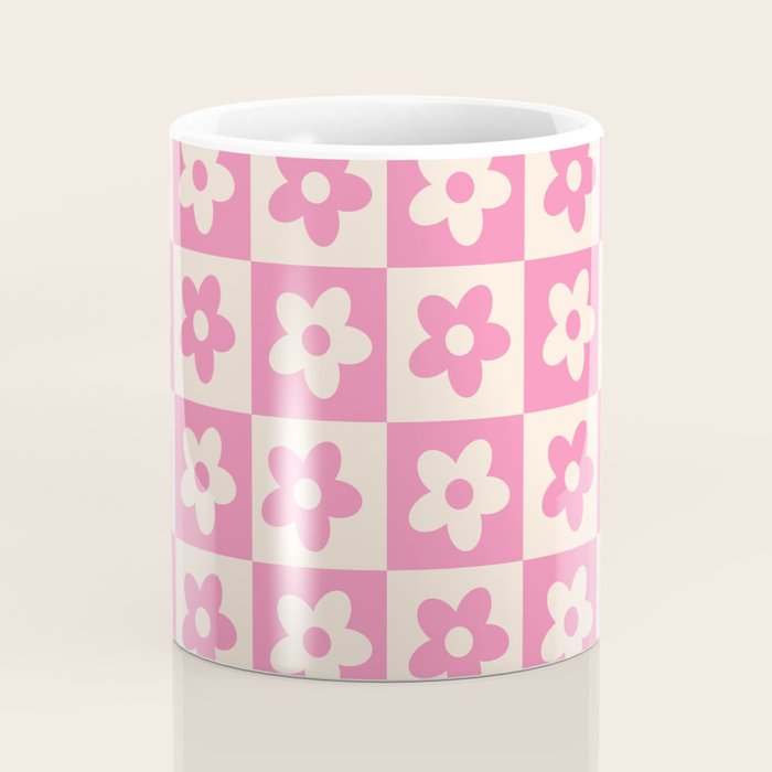 90s checkers flowers cream and pink Coffee Mug Gallery Image 4
