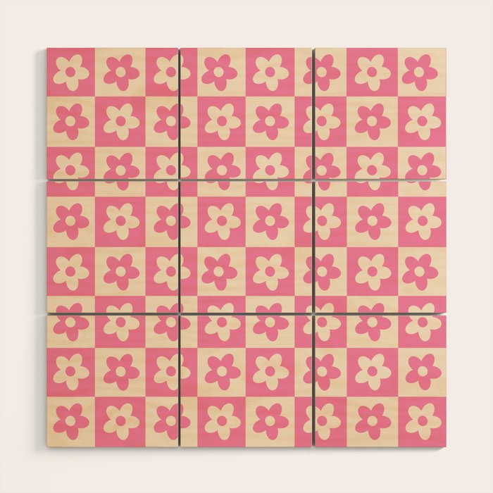 90s checkers flowers cream and pink Wood Wall Art Gallery Image 1