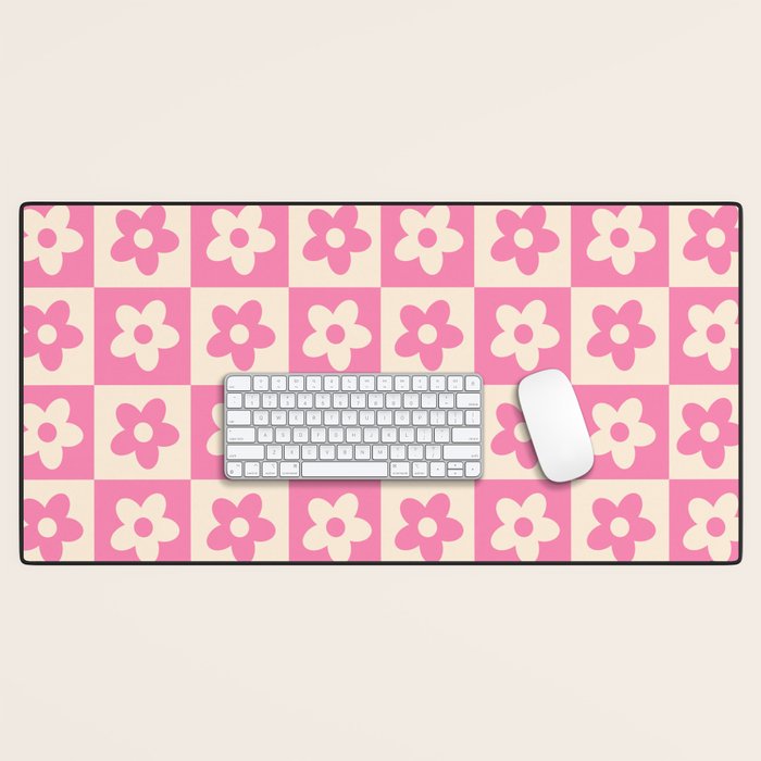 90s checkers flowers cream and pink Desk Mat Gallery Image 1