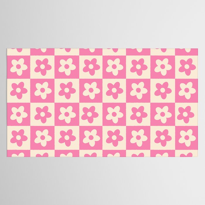 90s checkers flowers cream and pink Tablecloth Gallery Image 2