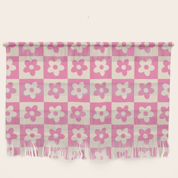90s checkers flowers cream and pink Wall Hanging Gallery Image 1