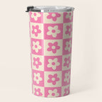 90s checkers flowers cream and pink Travel Mug Gallery Image 3