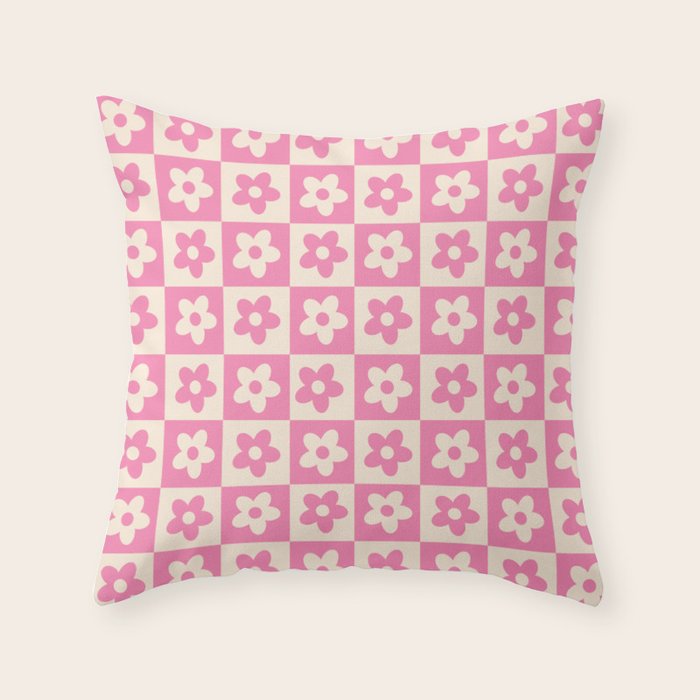 90s checkers flowers cream and pink Throw Pillow Gallery Image 6