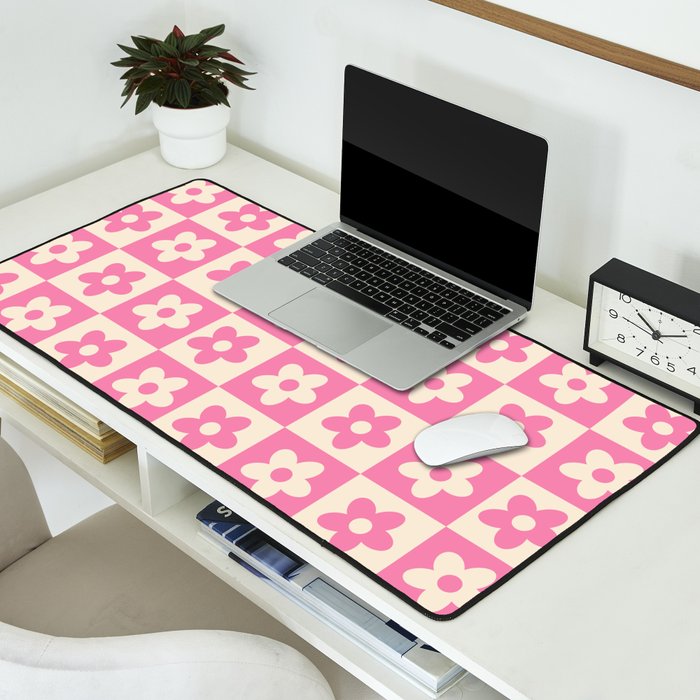 90s checkers flowers cream and pink Desk Mat Gallery Image 2