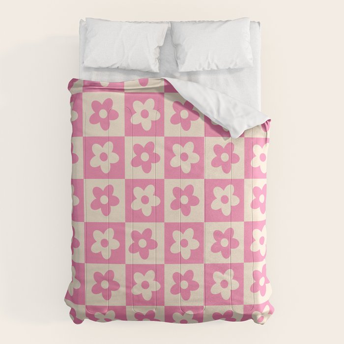 90s checkers flowers cream and pink Comforter Gallery Image 1
