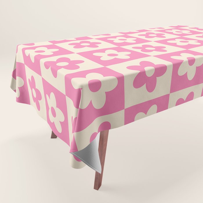 90s checkers flowers cream and pink Tablecloth Gallery Image 1