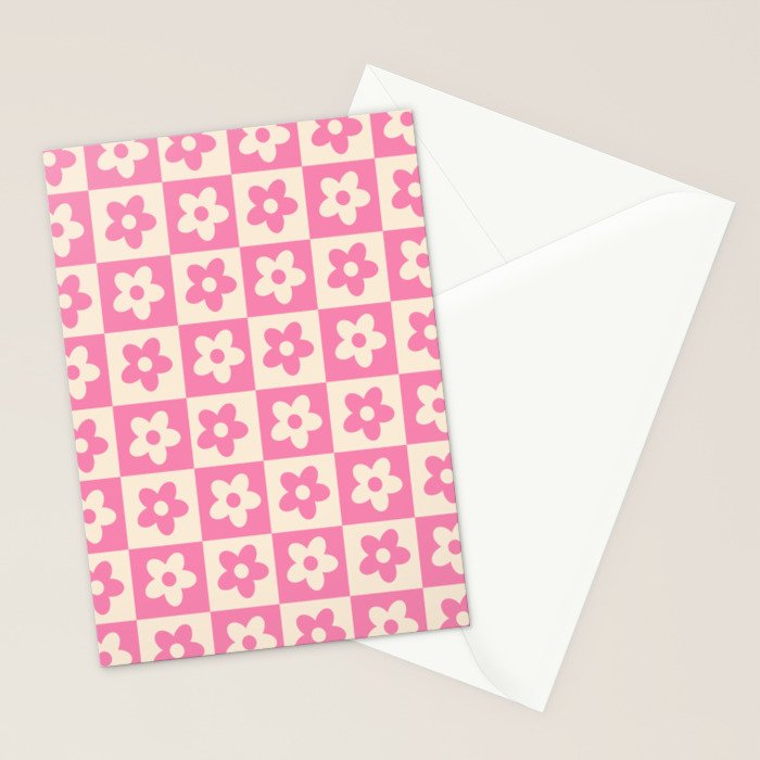 90s checkers flowers cream and pink Stationery Card Gallery Image 2