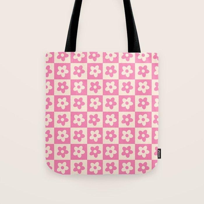 90s checkers flowers cream and pink Tote Bag Gallery Image 1