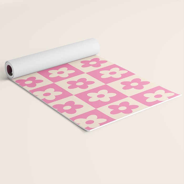 90s checkers flowers cream and pink Yoga Mat Gallery Image 2