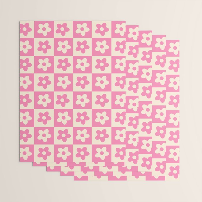 90s checkers flowers cream and pink Wrapping Paper Gallery Image 3
