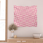 90s checkers flowers cream and pink Wall Tapestry Gallery Image 2