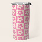 90s checkers flowers cream and pink Travel Mug Gallery Image 2