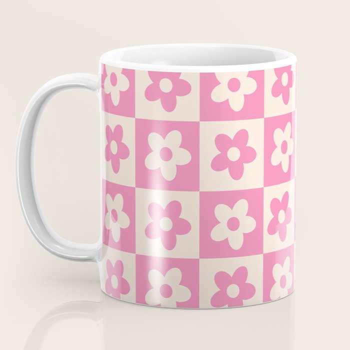 90s checkers flowers cream and pink Coffee Mug Gallery Image 3