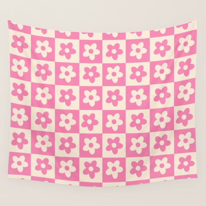 90s checkers flowers cream and pink Wall Tapestry Gallery Image 4