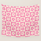90s checkers flowers cream and pink Wall Tapestry Gallery Image 4