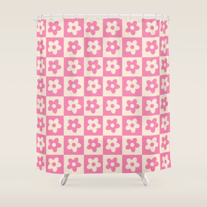 90s checkers flowers cream and pink Shower Curtain Gallery Image 1