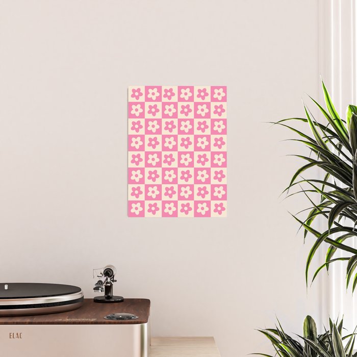 90s checkers flowers cream and pink Poster Gallery Image 2