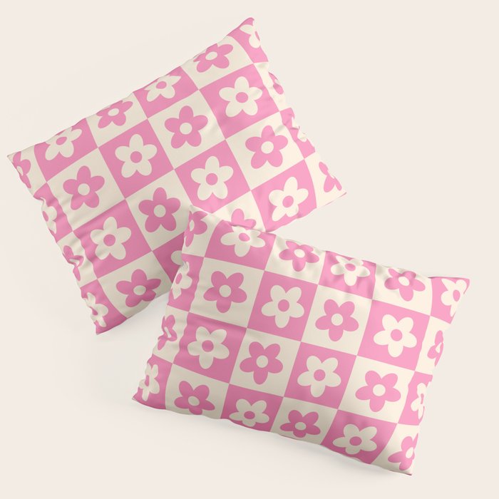 90s checkers flowers cream and pink Pillow Sham Gallery Image 3