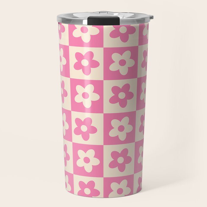 90s checkers flowers cream and pink Travel Mug Gallery Image 1