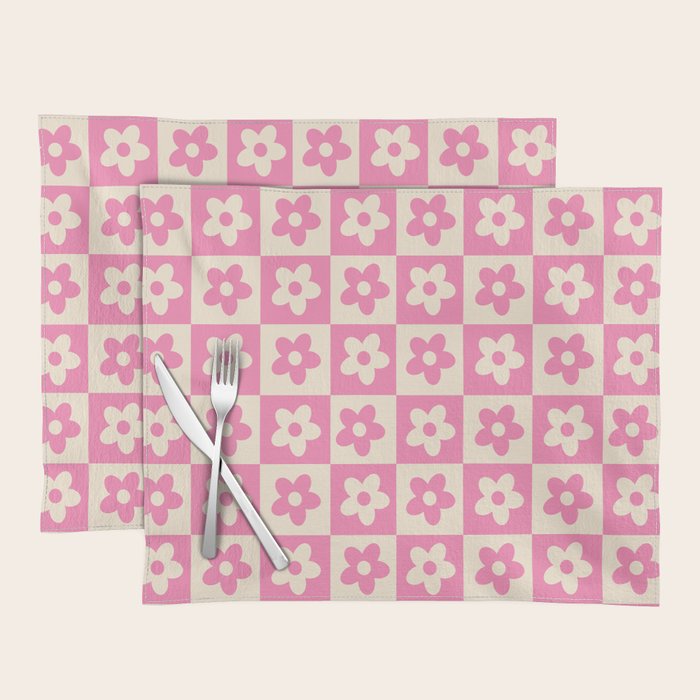90s checkers flowers cream and pink Placemat Gallery Image 1