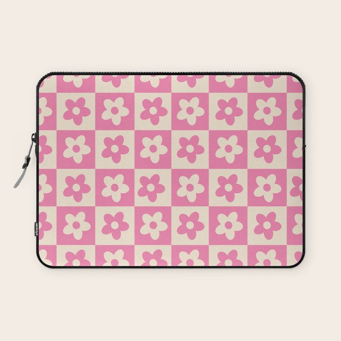 90s checkers flowers cream and pink Laptop Sleeve Gallery Image 1