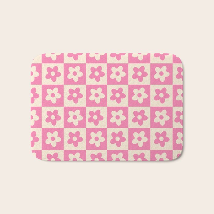 90s checkers flowers cream and pink Bath Mat Gallery Image 1