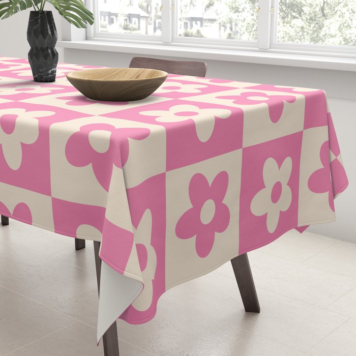 90s checkers flowers cream and pink Tablecloth Gallery Image 3