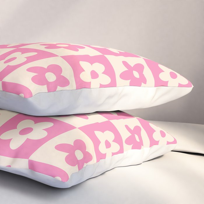 90s checkers flowers cream and pink Pillow Sham Gallery Image 3