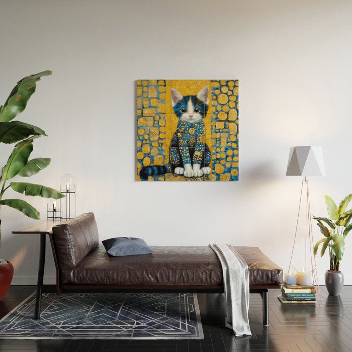 Gustav Klimt Style Kitten with Blue and Gold Dress Wood Wall Art Gallery Image 2