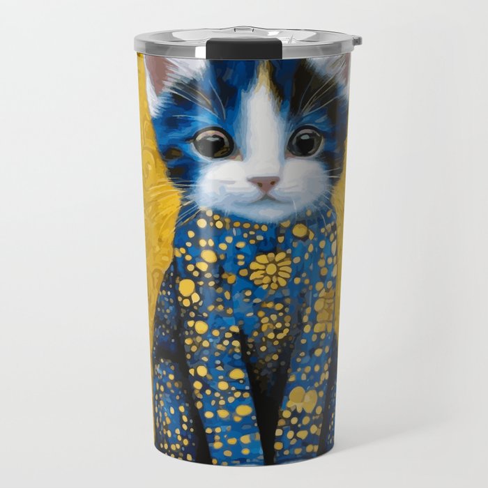 Gustav Klimt Style Kitten with Blue and Gold Dress Travel Mug Gallery Image 1