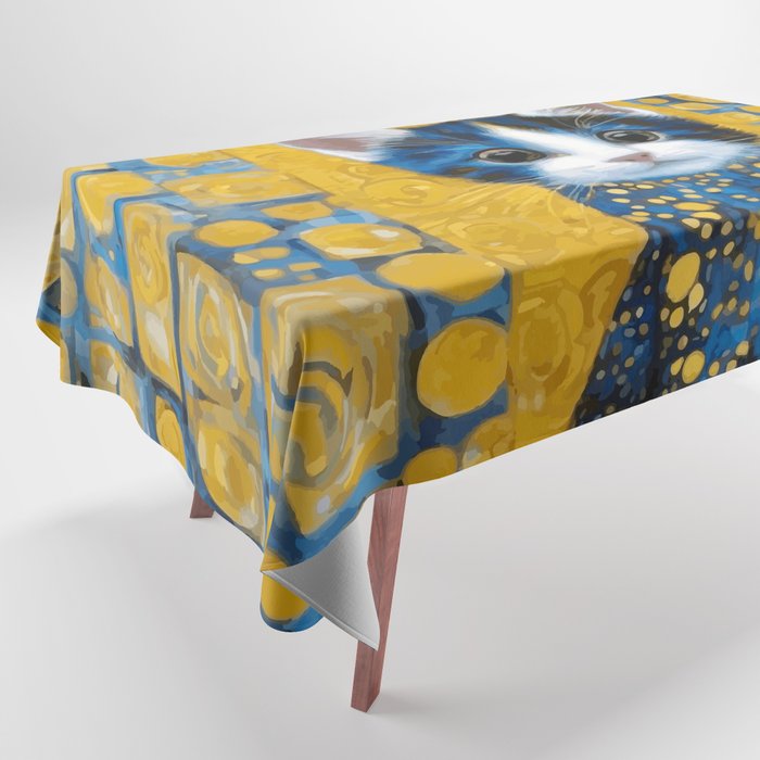 Gustav Klimt Style Kitten with Blue and Gold Dress Tablecloth Gallery Image 1