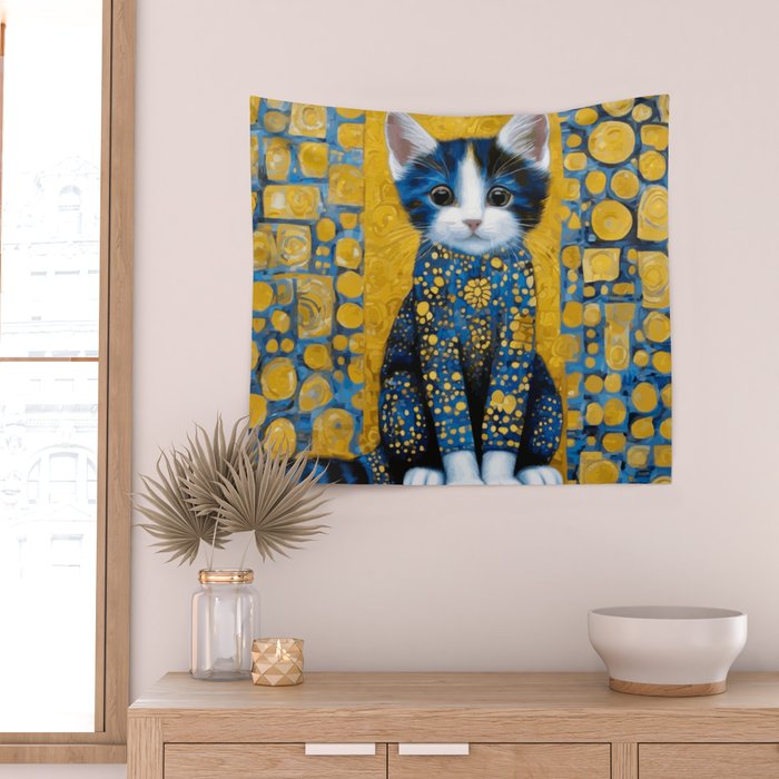 Gustav Klimt Style Kitten with Blue and Gold Dress Wall Tapestry Gallery Image 2