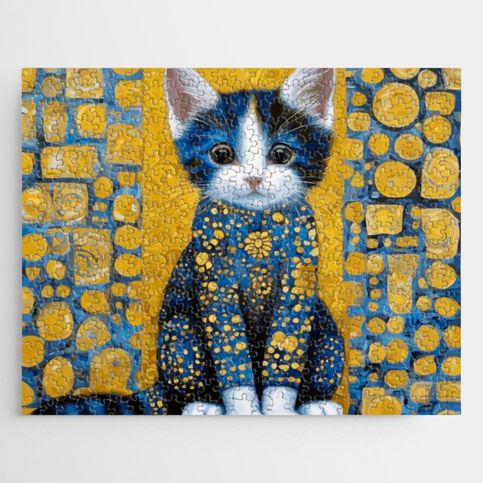 Gustav Klimt Style Kitten with Blue and Gold Dress Jigsaw Puzzle Gallery Image 1