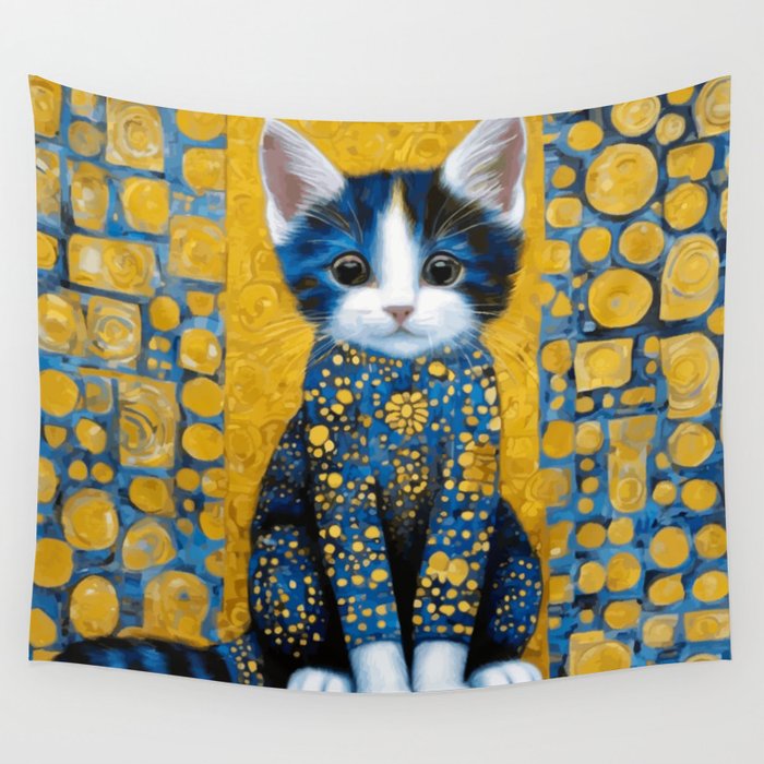 Gustav Klimt Style Kitten with Blue and Gold Dress Wall Tapestry Gallery Image 1