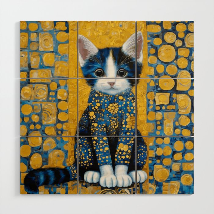 Gustav Klimt Style Kitten with Blue and Gold Dress Wood Wall Art Gallery Image 1