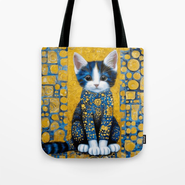 Gustav Klimt Style Kitten with Blue and Gold Dress Tote Bag Gallery Image 1