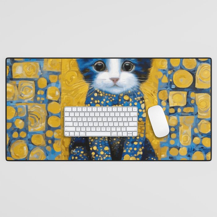 Gustav Klimt Style Kitten with Blue and Gold Dress Desk Mat Gallery Image 1