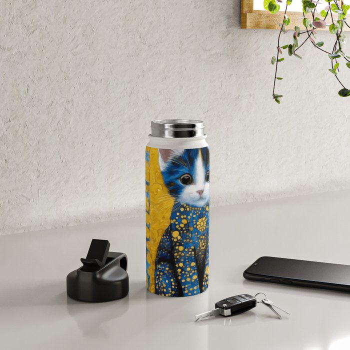 Gustav Klimt Style Kitten with Blue and Gold Dress Water Bottle Gallery Image 4