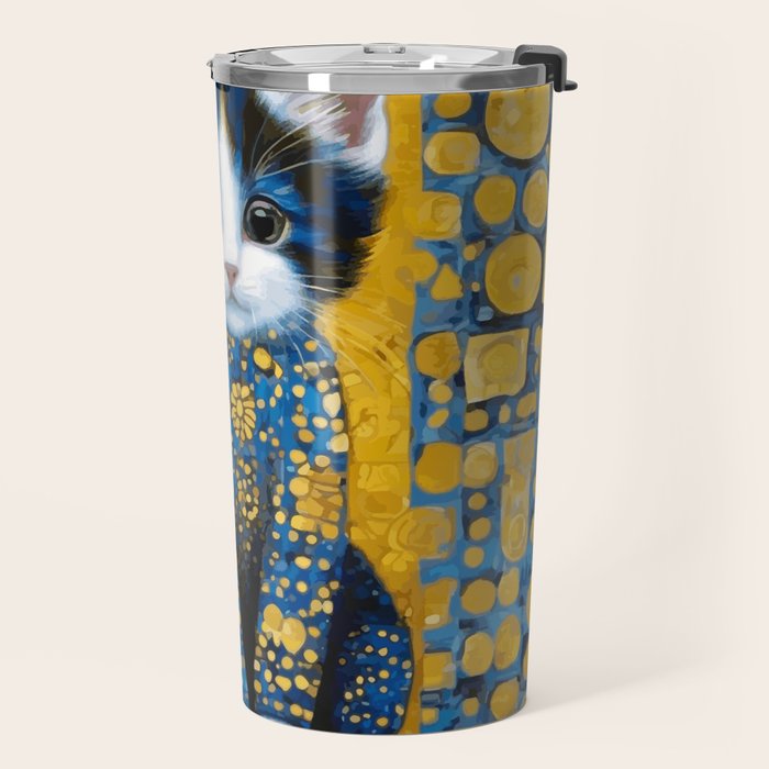 Gustav Klimt Style Kitten with Blue and Gold Dress Travel Mug Gallery Image 2