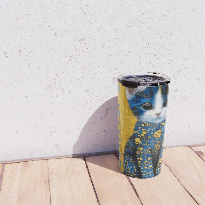 Gustav Klimt Style Kitten with Blue and Gold Dress Travel Mug Gallery Image 4