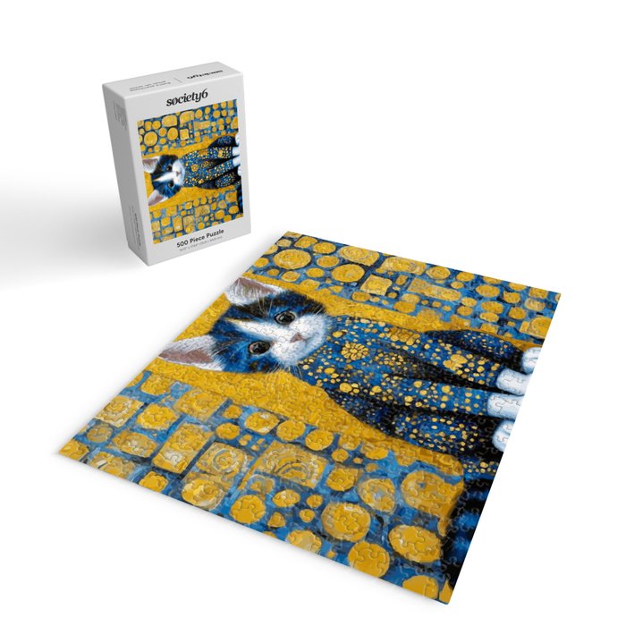 Gustav Klimt Style Kitten with Blue and Gold Dress Jigsaw Puzzle Gallery Image 2