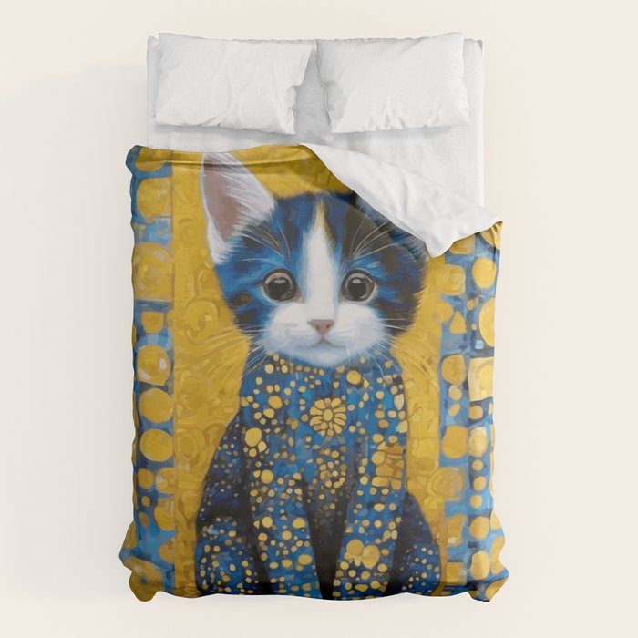 Gustav Klimt Style Kitten with Blue and Gold Dress Duvet Cover Gallery Image 1