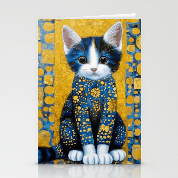 Gustav Klimt Style Kitten with Blue and Gold Dress Stationery Card Gallery Image 1
