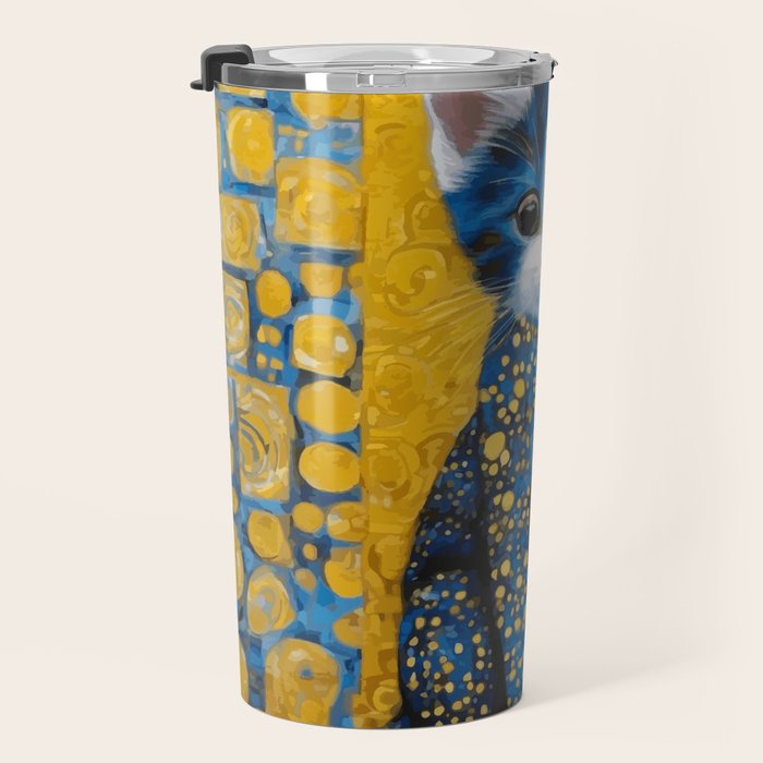 Gustav Klimt Style Kitten with Blue and Gold Dress Travel Mug Gallery Image 3
