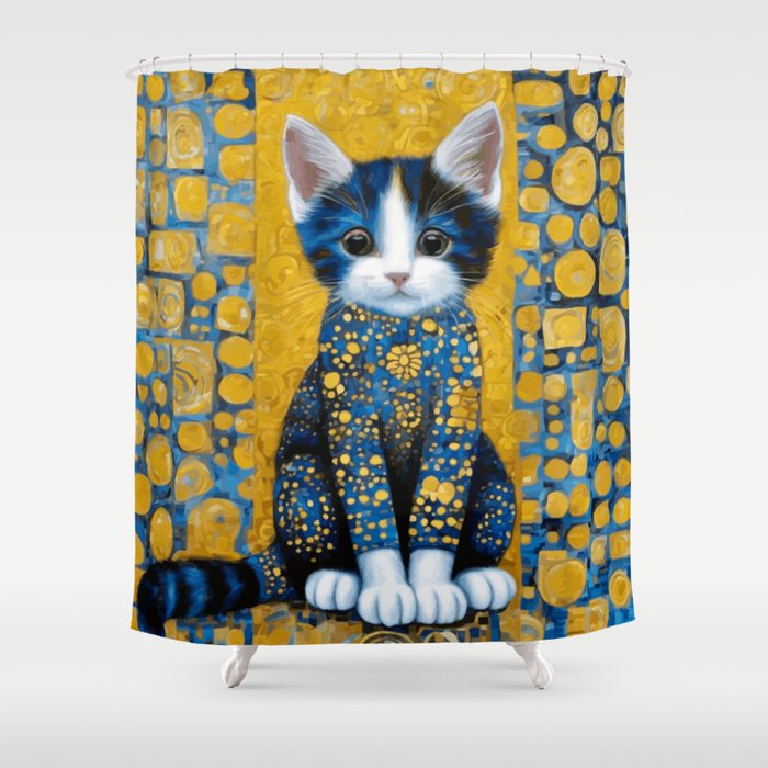 Gustav Klimt Style Kitten with Blue and Gold Dress Shower Curtain Gallery Image 1