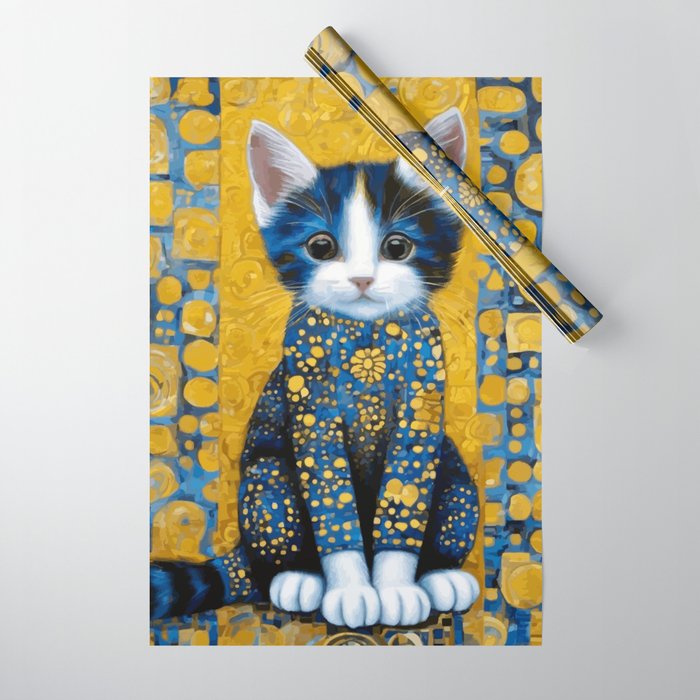 Gustav Klimt Style Kitten with Blue and Gold Dress Wrapping Paper Gallery Image 1